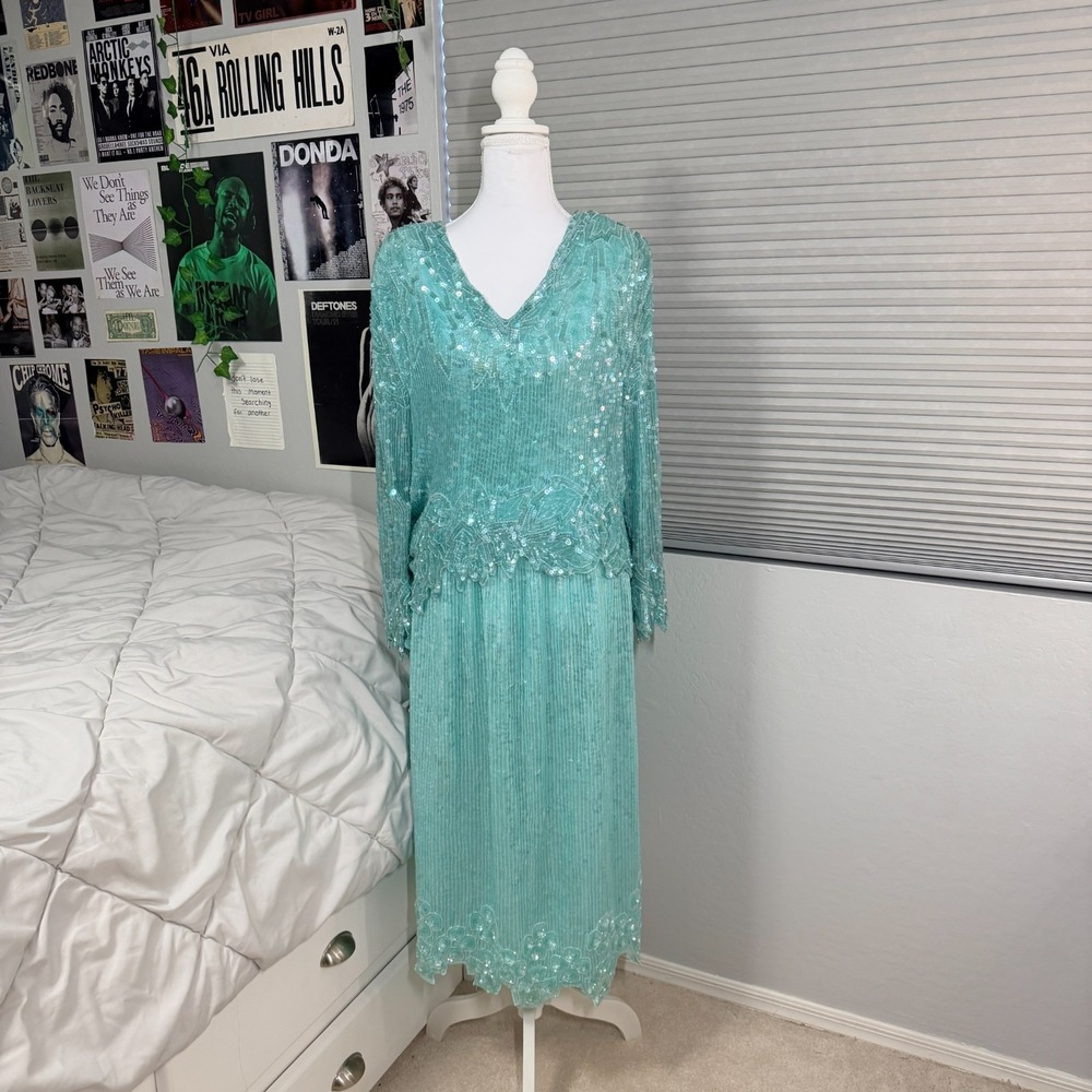 Vintage Silk Beaded Dress Maxi Aqua Sequin Formal Evening Gown M